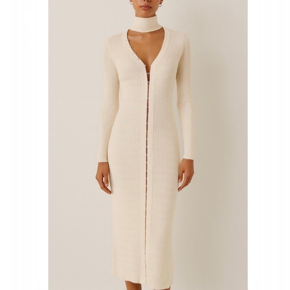 Jonathan Simkhai Dresses & Skirts - Jonathan Simkhai Ribbed Knit Cutout Choker Neck Wool Midi Dress Cream Size XS